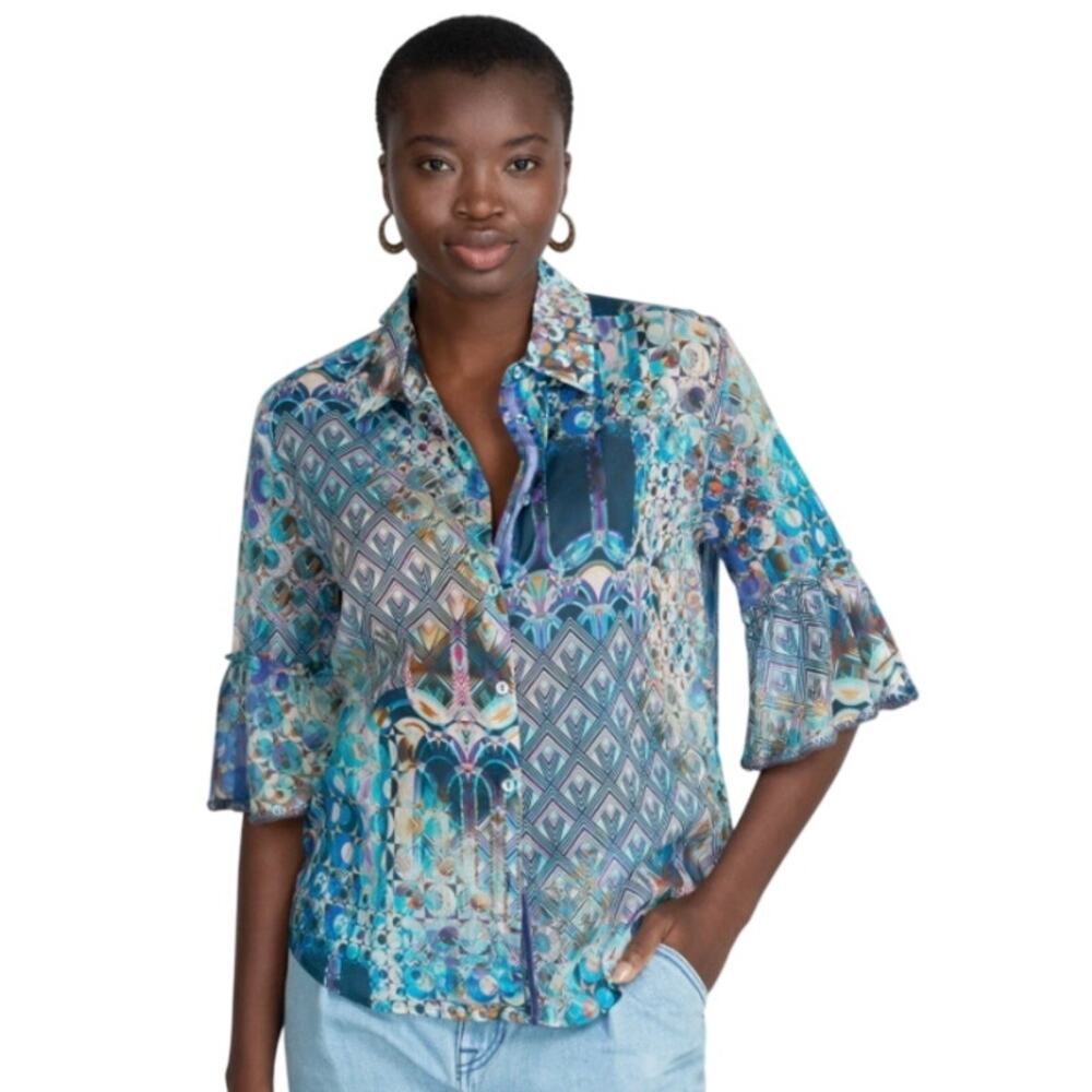 Johnny Was Workshop Klodi Ruffle Sleeve Blue Pattern Top Lightweight Blouse XS